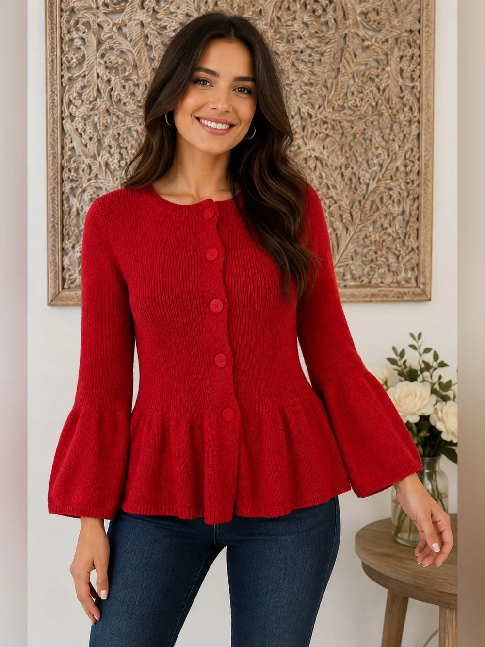 Coldwater Creek Red Peplum Button-Front Cardigan, Preppy Classic Academia- sz M - Picture 1 of 15